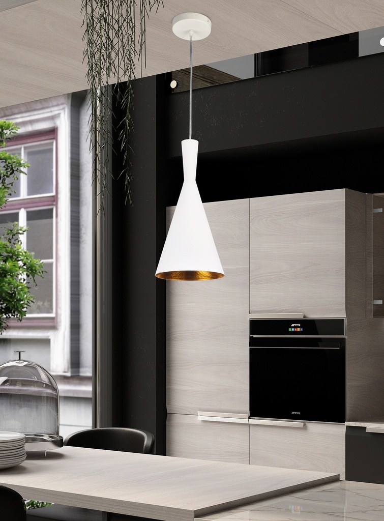 LAMPARA COLGANTE  ALTURA MAXIMA 130CM BLANCA INTERIOR DORADO DE 1 LUZ COMPATIBLE CON CUALQUIER BOMBILLA LED DE BASE E27,
