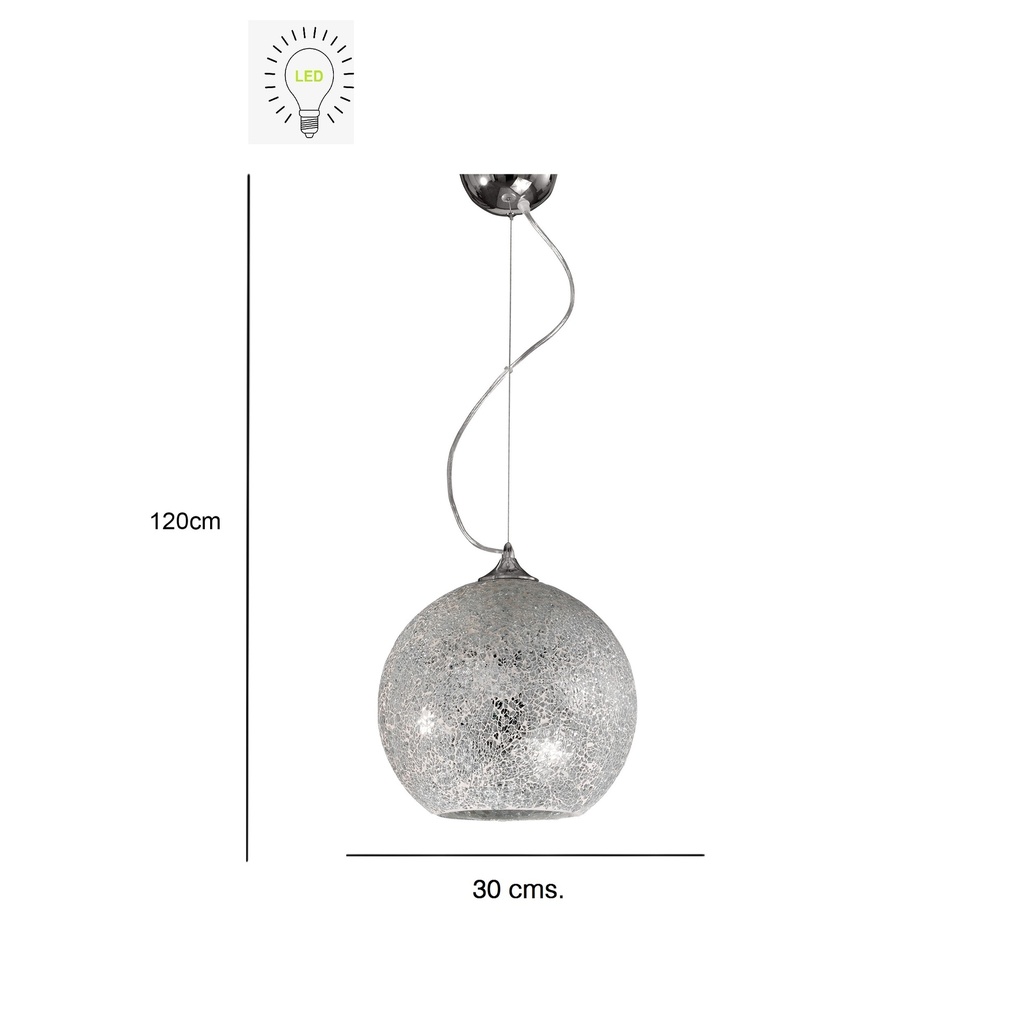 LAMPARA COLGANTE BASE COLOR CROMO  Y BOLA CRISTAL CROMADO DE 1 LUZ COMPATIBLE BOMBILLA LED DE BASE E27. ALTURA MAXIMA 130CM, DIAMETRO MAX 30CM