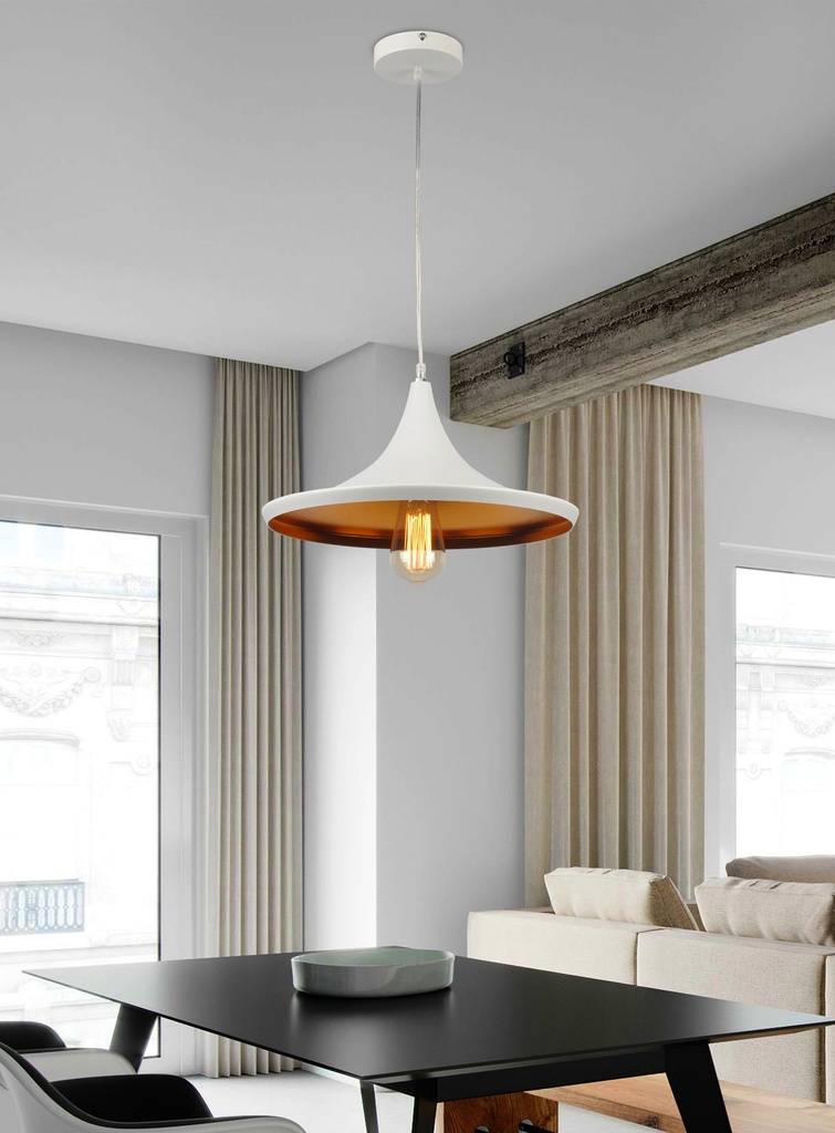 LAMPARA COLGANTE BLANCA INTERIOR DORADO ALTURA 120CM DE 1 LUZ COMPATIBLE CON CUALQUIER BOMBILLA LED DE BASE E27