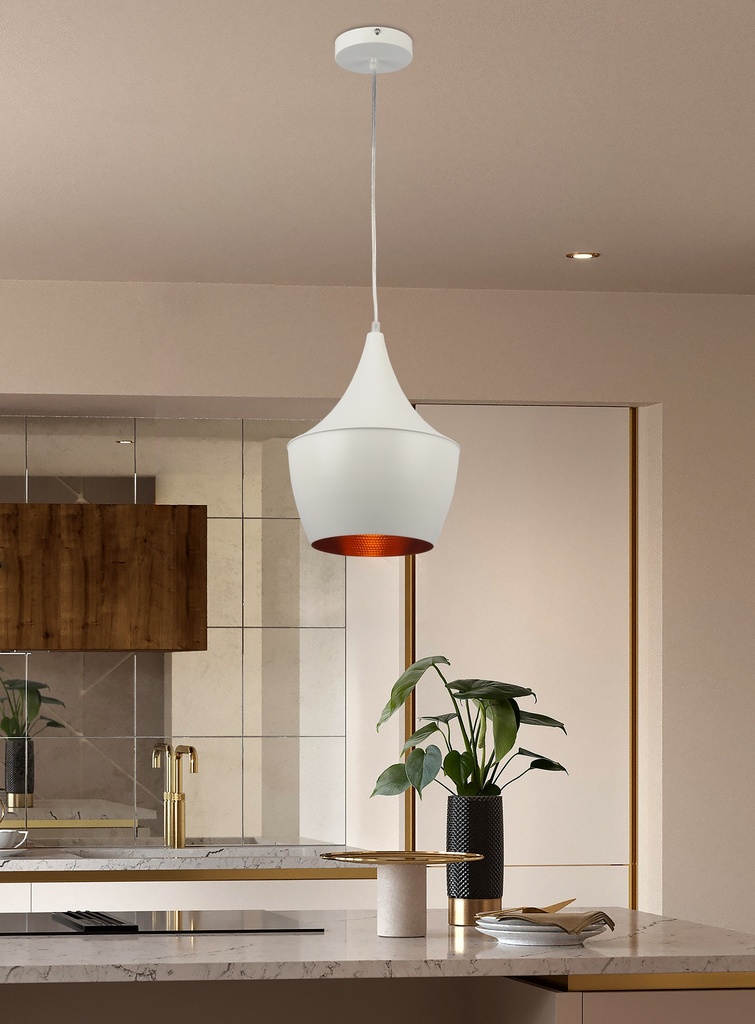 LAMPARA COLGANTE BLANCA INTERIOR DORADO ALTURA 130CM DE 1 LUZ COMPATIBLE CON CUALQUIER BOMBILLA LED DE BASE E27