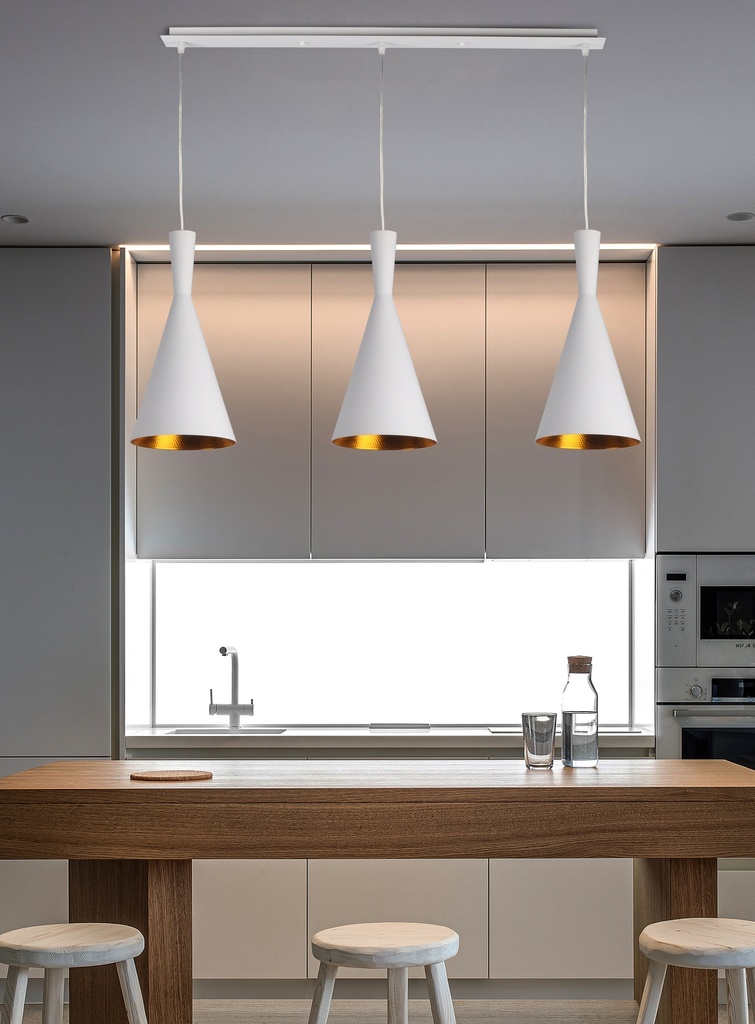 LAMPARA COLGANTE BLANCA INTERIOR DORADO ALTURA TOTAL 130CM DE 3 LUCES COMPATIBLES CON CUALQUIER BOMBILLA LED DE BASE E27