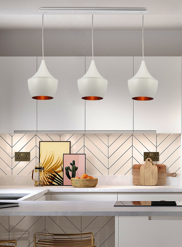 LAMPARA COLGANTE BLANCA INTERIOR DORADO ALTURA TOTAL 130CM DE 3 LUCES COMPATIBLES CON CUALQUIER BOMBILLA LED DE BASE E27