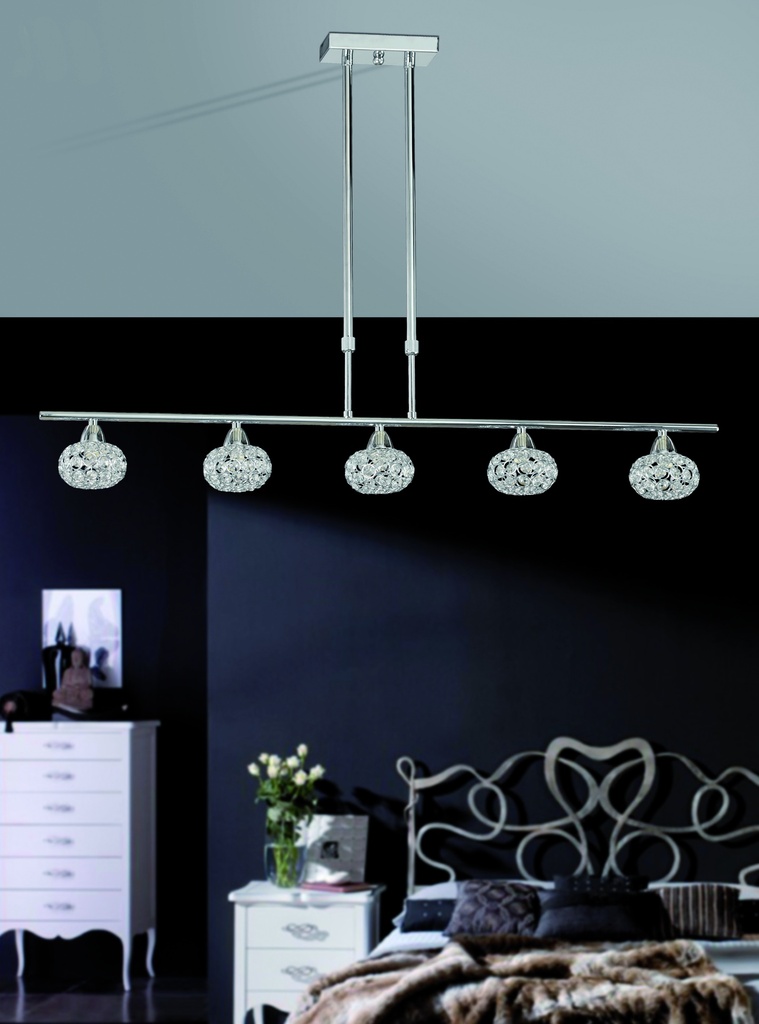 LAMPARA COLGANTE COLOR CROMO 5 LUCES LINEALES,  COMPATIBLES BOMBILLA LED DE BASE G9, ALTURA 100CM