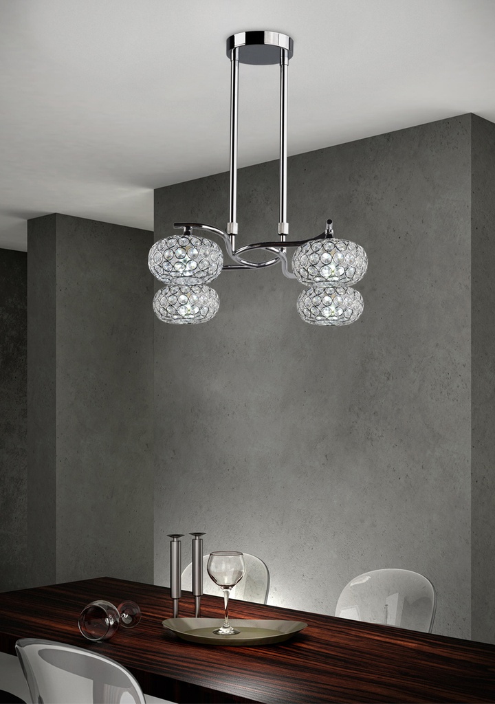 LAMPARA COLGANTE COLOR CROMO DE 4 LUCES ,  COMPATIBLES CON BOMBILLA LED DE BASE G9, ALTURA DE 30 A 90CM, DIAMETRO 48CM