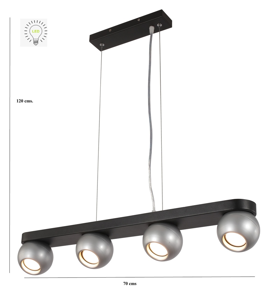 LAMPARA COLGANTE COLOR NEGRO Y PLATA DE 4 LUZ ORIENTABLE COMPATIBLE CON CUALQUIER BOMBILLA LED GU10,