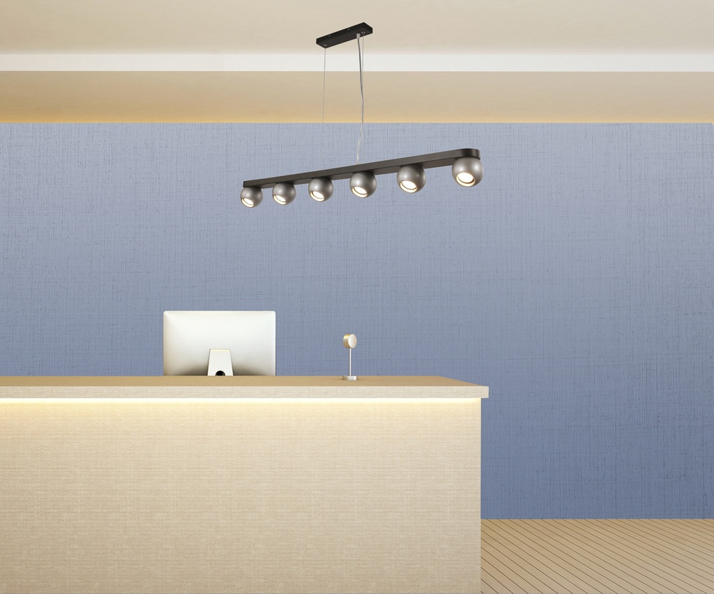 LAMPARA COLGANTE COLOR NEGRO Y PLATA DE 6 LUZ ORIENTABLE COMPATIBLE CON CUALQUIER BOMBILLA LED GU10,