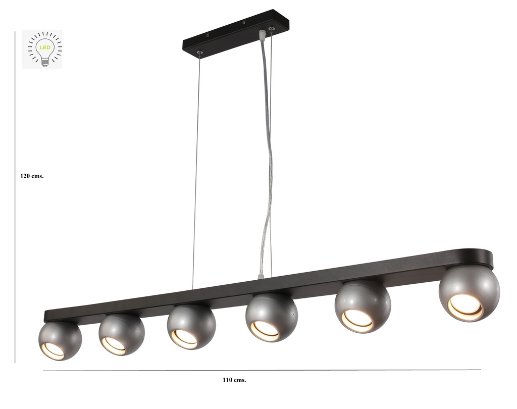 LAMPARA COLGANTE COLOR NEGRO Y PLATA DE 6 LUZ ORIENTABLE COMPATIBLE CON CUALQUIER BOMBILLA LED GU10,