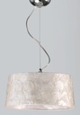 LAMPARA COLGANTE CON BASE COLOR CROMO  Y PANTALLA NACAR DE 1 LUZ BOMBILLA LED DE BASE E2, ALTURA MAX REGULABLE 120CM, DIAMETRO 35CM