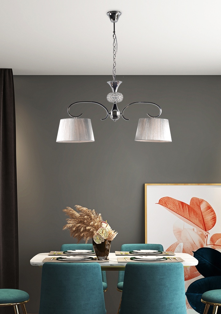 LAMPARA COLGANTE CON BASE COLOR CROMO, ESTRUCTURA DE HIERRO Y CRISTAL  Y PANTALLA DE HILOS EN COLOR PLATA,  DE 2 LUCES COMPATIBLE CON BOMBILLA LED DE BASE E27, ALTURA 90CM