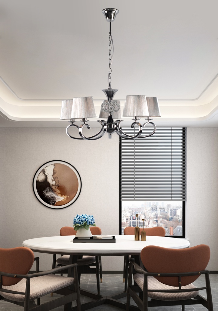 LAMPARA COLGANTE CON BASE COLOR CROMO, ESTRUCTURA DE HIERRO Y CRISTAL  Y PANTALLA DE HILOS EN COLOR PLATA,  DE 5 LUCES COMPATIBLE CON BOMBILLA LED DE BASE E14, ALTURA 75CM DIAMETRO 70CM