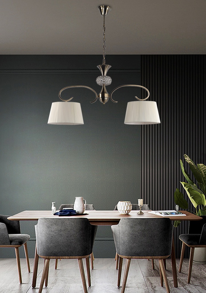 LAMPARA COLGANTE CON BASE COLOR CUERO, ESTRUCTURA DE HIERRO Y CRISTAL  Y PANTALLA DE HILOS EN COLOR CREMA,  DE 2 LUCES COMPATIBLE BOMBILLA LED DE BASE E27, ALTURA 90CM