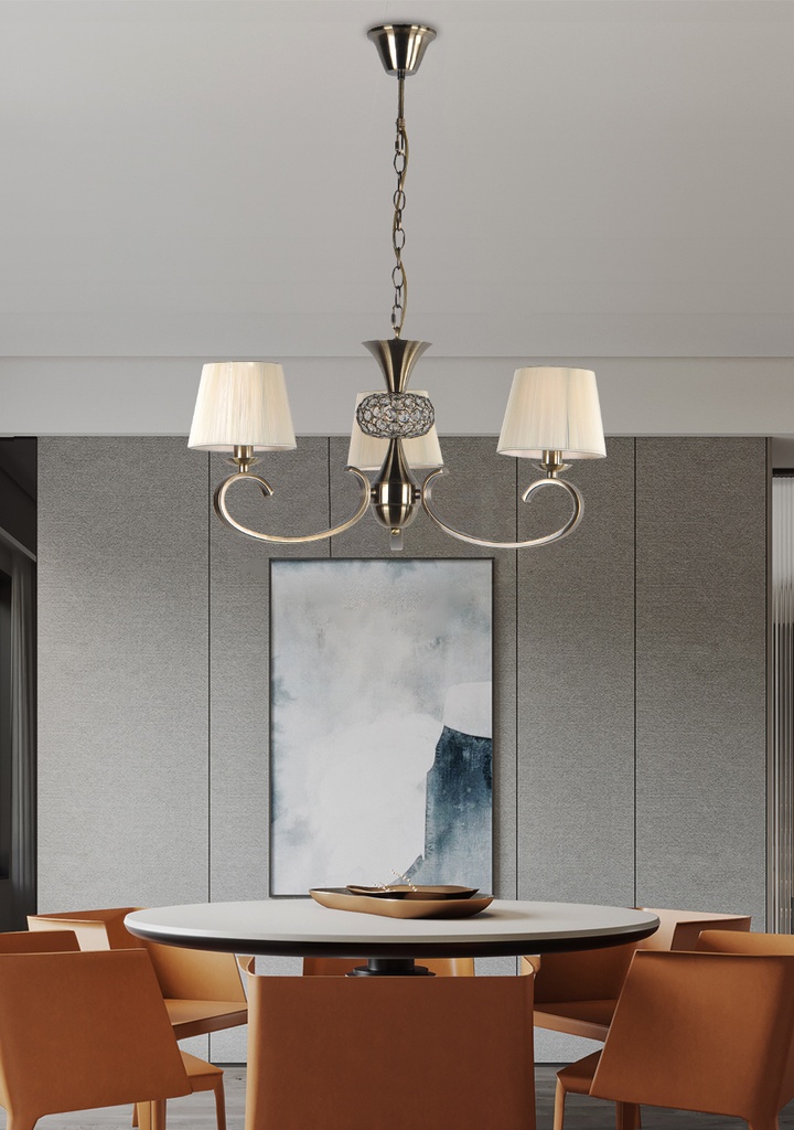 LAMPARA COLGANTE CON BASE COLOR CUERO, ESTRUCTURA DE HIERRO Y CRISTAL  Y PANTALLA DE HILOS EN COLOR CREMA,  DE 3 LUCES COMPATIBLE BOMBILLA LED DE BASE E27, ALTURA 90CM