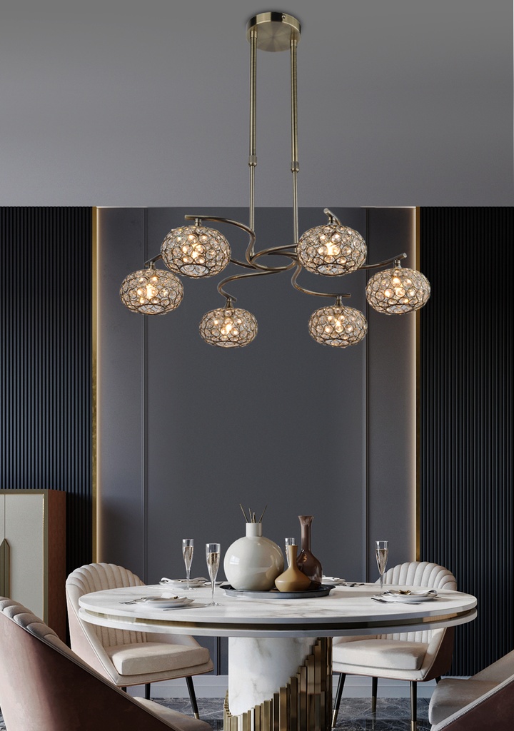 LAMPARA COLGANTE DE TECHO, FABRICADO EN HIERRO Y CRISTAL, 220v, 6xG9 COLOR CUERO DE 6 LUCES , ALTURA DE 30 A 90CM, DIAMETRO 60CM