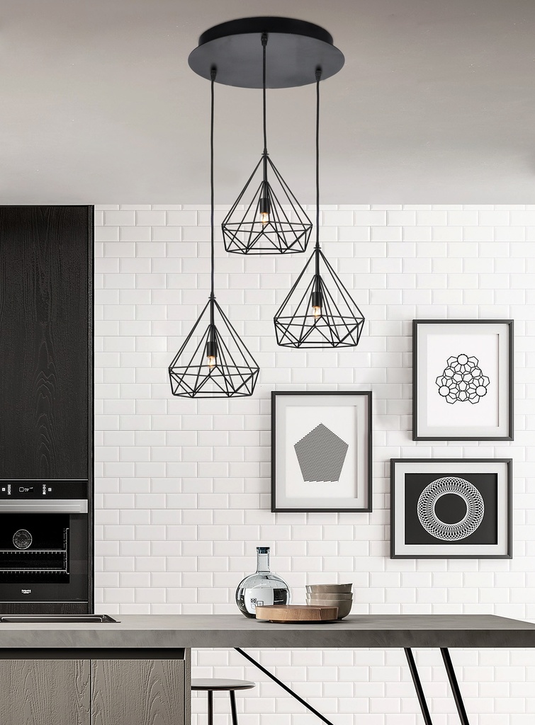 LAMPARA COLGANTE DECORATIVO NEGRA DE 3 LUCES CON BASE REDONDA, BOMBILLA LED DE BASE E27, ALTURA TOTAL REGULABLE 230CM, DIAMETRO 60CM