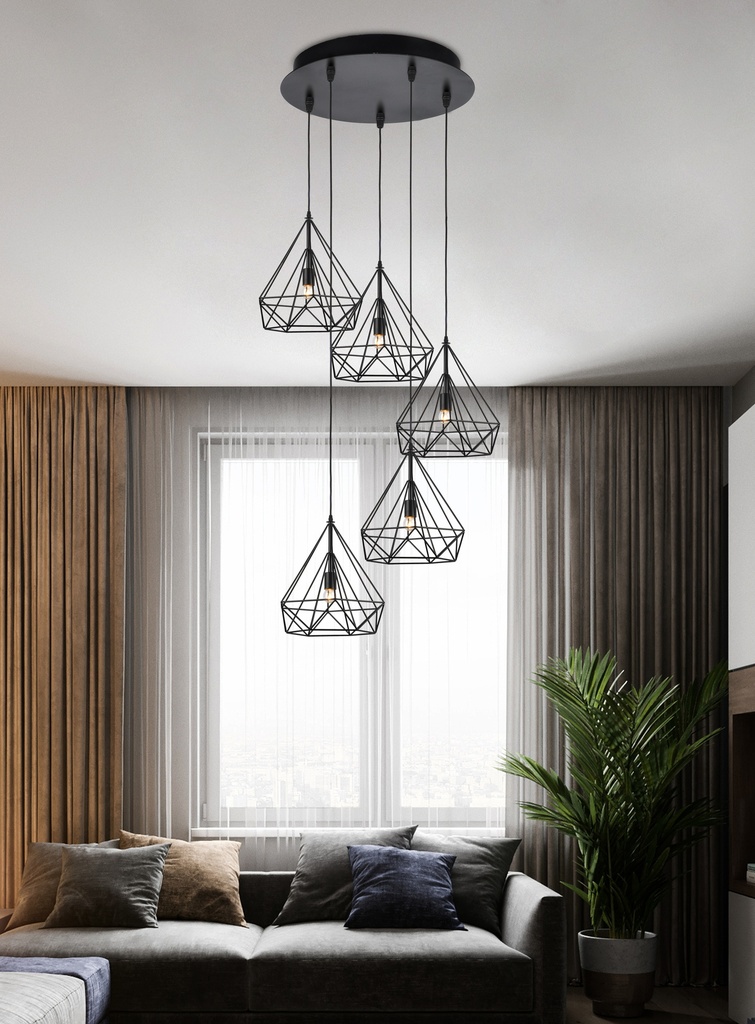 LAMPARA COLGANTE DECORATIVO NEGRA DE 5 LUCES CON BASE REDONDA, BOMBILLA LED DE BASE E27, ALTURA TOTAL REGULABLE 330CM, DIAMETRO 70CM