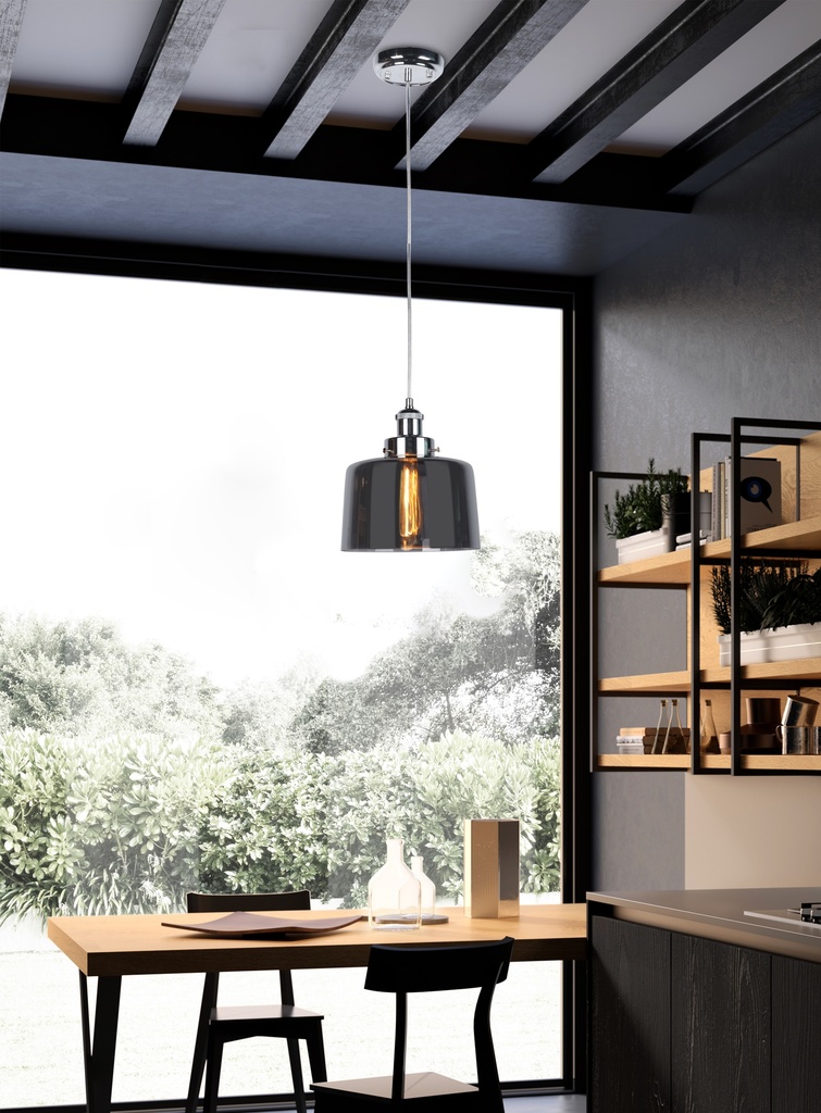 LAMPARA COLGANTE EN ALUMINIO COLOR CROMO Y CRISTAL EN TONO FUMÉ  DE 1 LUZ BOMBILLA LED DE BASE E27, ALTURA MAXIMA REGULABLE 150CM, CRISTAL 22CM DIAMETRO