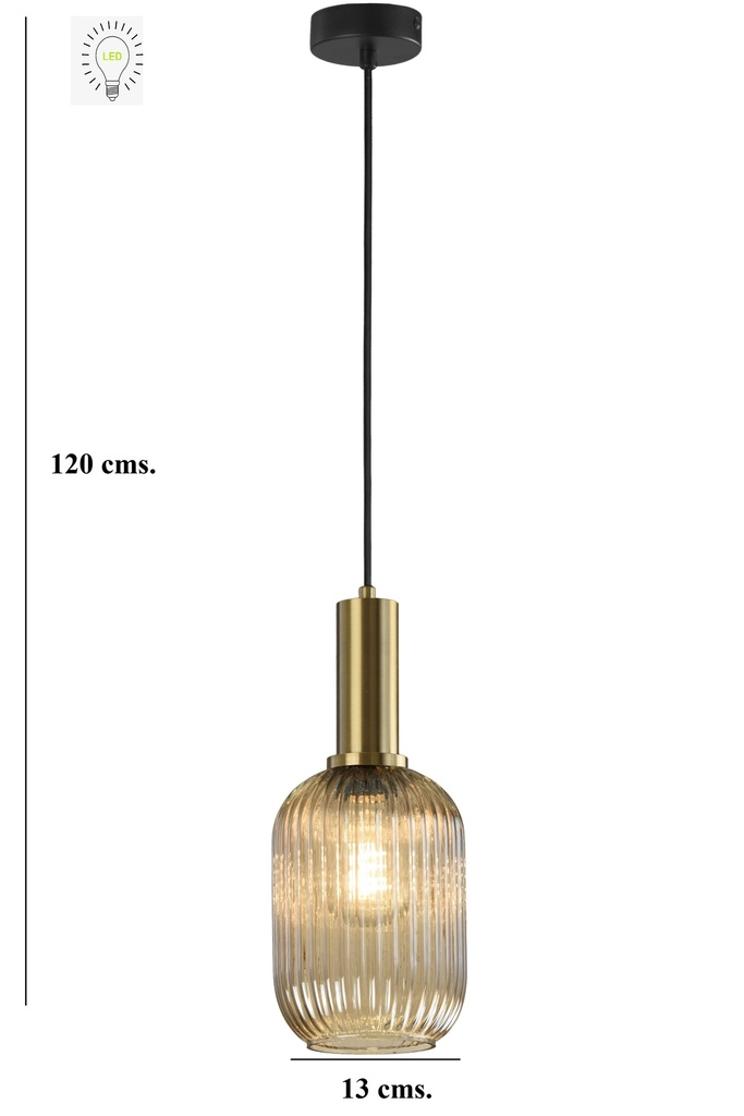 LAMPARA COLGANTE EN ALUMINIO Y CRISTAL EN TONO AMBAR  DE 1 LUZ COMPATIBLE CON BOMBILLA LED DE BASE E27, DIAMETRO 13CM, ALTURA 130CM