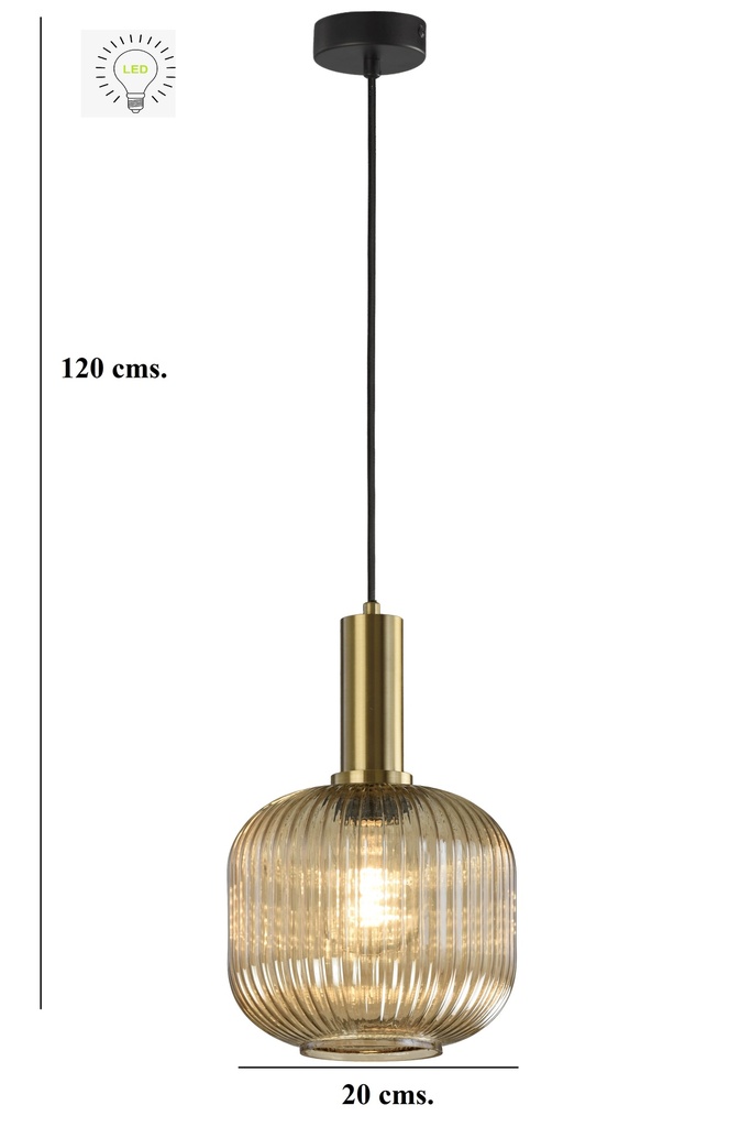 LAMPARA COLGANTE EN ALUMINIO Y CRISTAL EN TONO AMBAR  DE 1 LUZ COMPATIBLE CON BOMBILLA LED DE BASE E27, DIAMETRO 20CM, ALTURA 130CM