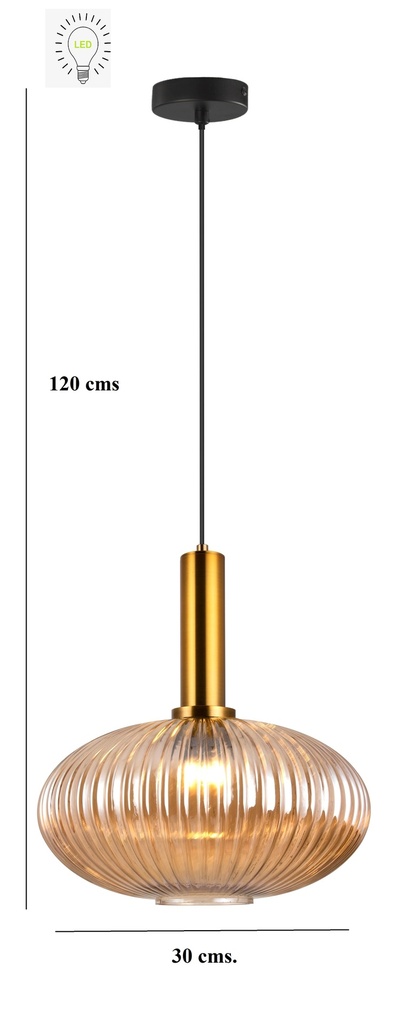 LAMPARA COLGANTE EN ALUMINIO Y CRISTAL EN TONO AMBAR  DE 1 LUZ COMPATIBLE CON BOMBILLA LED DE BASE E27, DIAMETRO 30CM, ALTURA 130CM