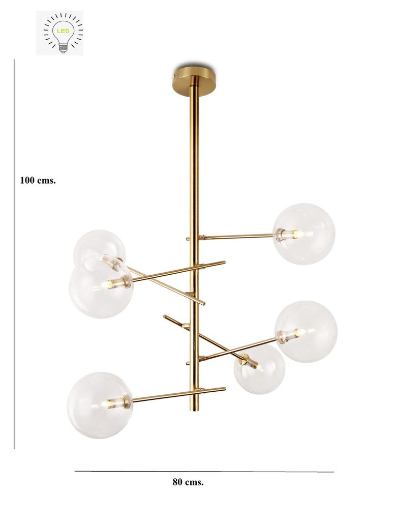 LAMPARA COLGANTE EN LATON SATINADO DE 6 LUCES COMPATIBLES CON BOMBILLA LED G-9, DIAMETRO 7,8CM, ALTURA 118CM