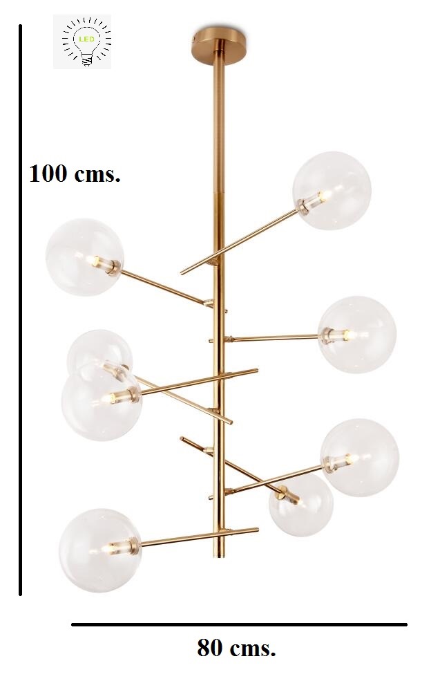 LAMPARA COLGANTE EN LATON SATINADO DE 8 LUCES COMPATIBLES CON BOMBILLA LED G-9, DIAMETRO 7,8CM, ALTURA 118CM