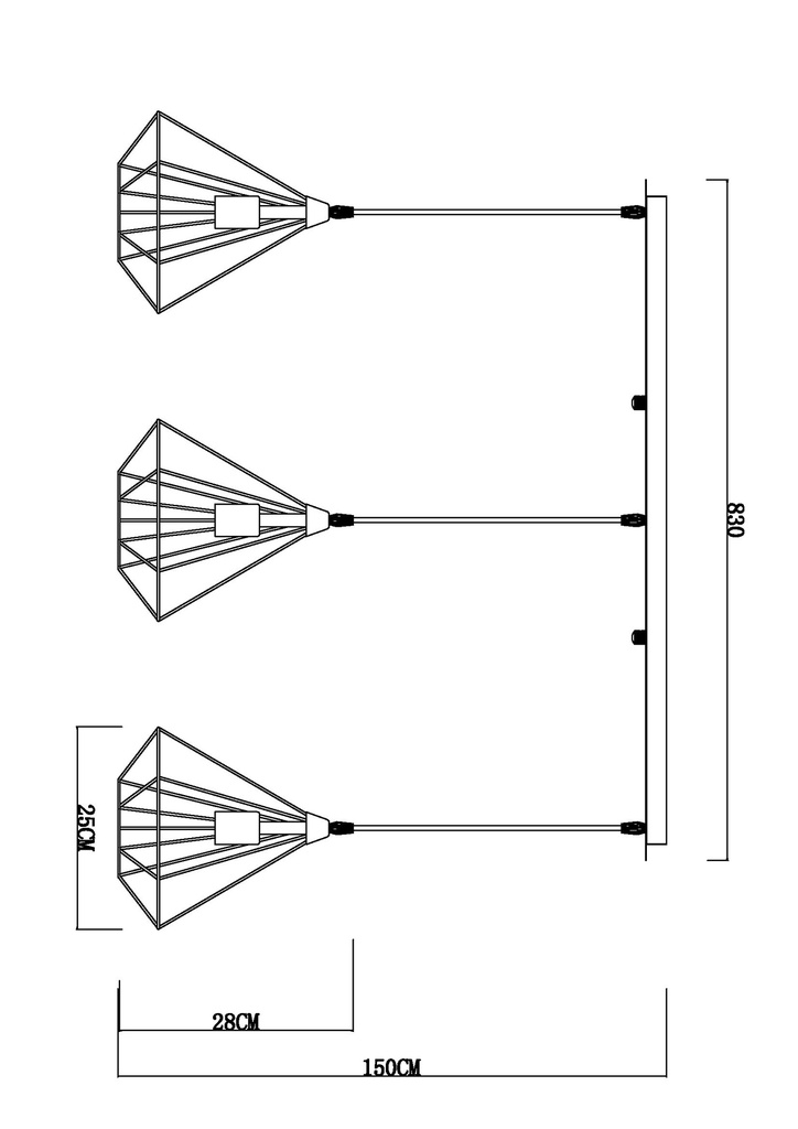 LAMPARA COLGANTE NEGRA DE 3 LUCES BOMBILLA LED DE BASE E27, ALTURA 120CM, LONGITUD 83CM