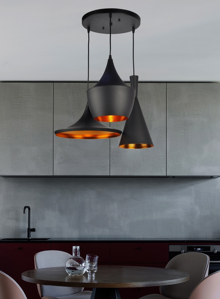 LAMPARA COLGANTE NEGRA INTERIOR DORADO ALTURA TOTAL 130CM DE 3 LUCES COMPATIBLES CON CUALQUIER BOMBILLA LED DE BASE E27