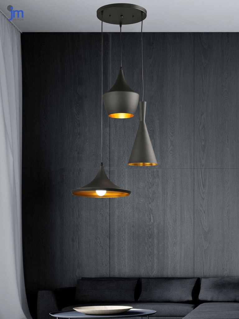 LAMPARA COLGANTE NEGRA INTERIOR DORADO ALTURA TOTAL 130CM DE 3 LUCES COMPATIBLES CON CUALQUIER BOMBILLA LED DE BASE E27