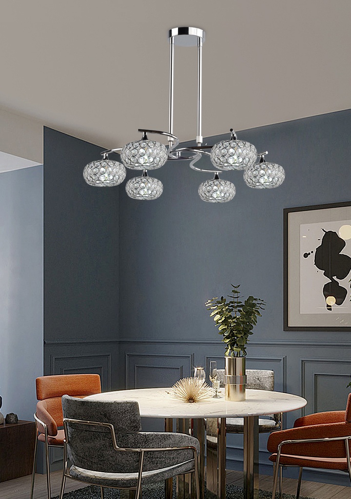LAMPARA DE TECHO, FABRICADO EN HIERRO Y CRISTAL, 220v, 6xG9 COLOR CROMO DE 6 LUCES , ALTURA DE 30 A 90CM, DIAMETRO 60CM