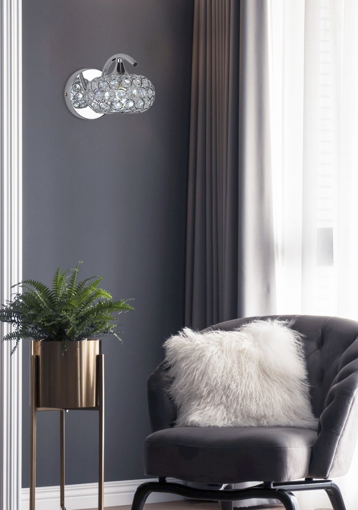 LAMPARA DE APLIQUE, FABRICADO EN HIERRO Y CRISTAL COLOR CROMO DE 1 LUZ , BOMBILLA LED DE BASE G9, ALTURA 120CM DIAMETRO 22CM