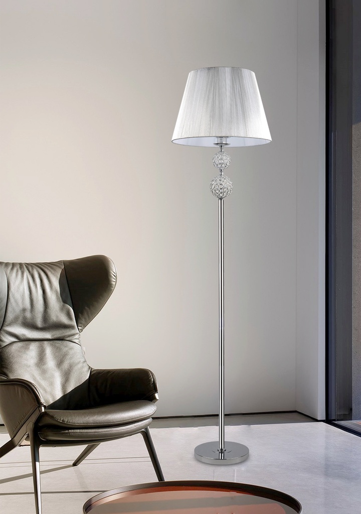 LAMPARA DE PIE DE SALON CON 1 LUZ E-27, ESTRUCTURA DE HIERRO Y CRISTAL  Y PANTALLA DE HILOS EN COLOR PLATA, ALTURA 170CM DIAMETRO 45CM