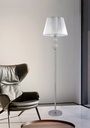 LAMPARA DE PIE DE SALON CON 1 LUZ E-27, ESTRUCTURA DE HIERRO Y CRISTAL  Y PANTALLA DE HILOS EN COLOR PLATA, ALTURA 170CM DIAMETRO 45CM