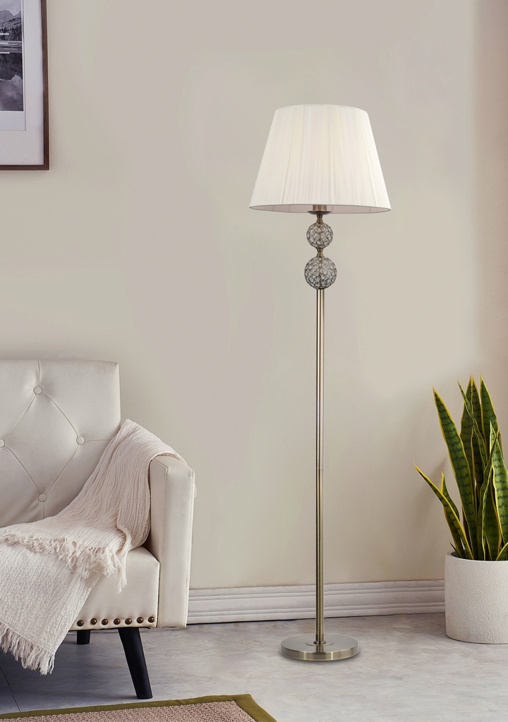 LAMPARA DE PIE DE SALON DECORATIVO CON 1 LUZ E-27, ESTRUCTURA DE HIERRO Y CRISTAL  Y PANTALLA DE HILOS EN COLOR CREMA, ALTURA 170CM, DIAMETRO 45CM