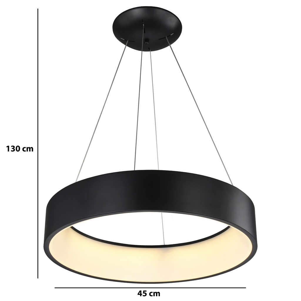 LAMPARA DE TECHO COLGANTE 45cms LED 32 W, ALUMINIO COLOR NEGRO CON LUZ CALIDA