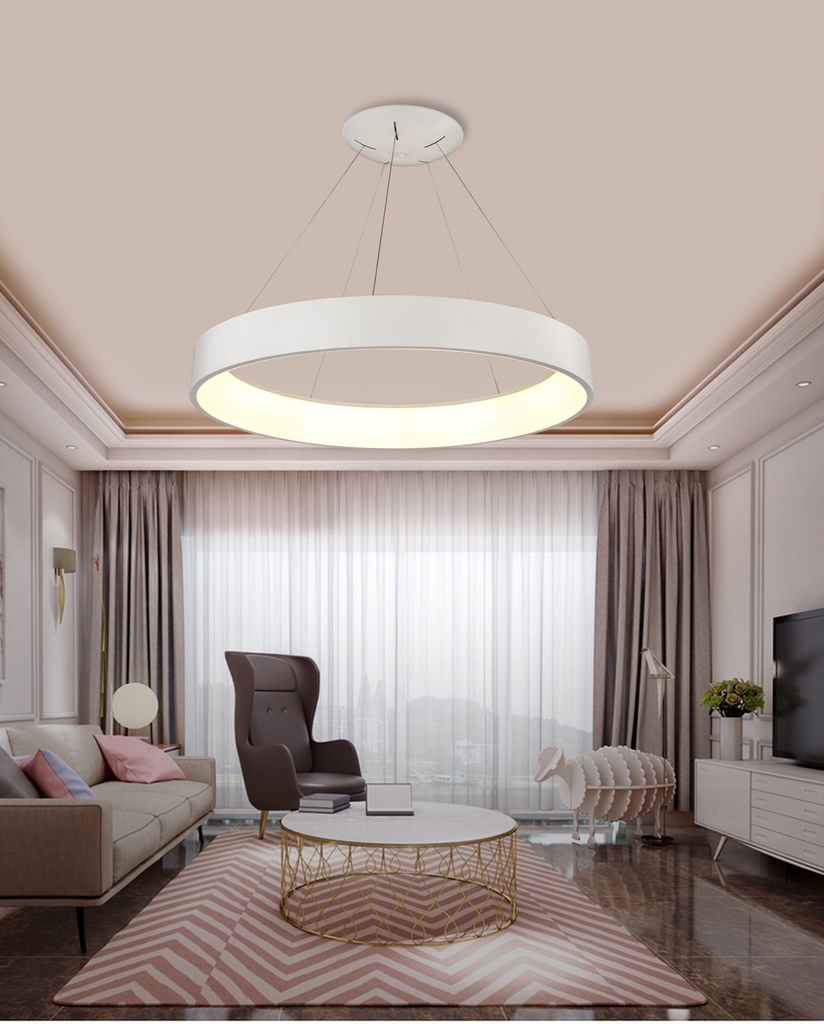 LAMPARA DE TECHO COLGANTE 60cms LED 32 W, ALUMINIO COLOR BLANCO CON LUZ CALIDA