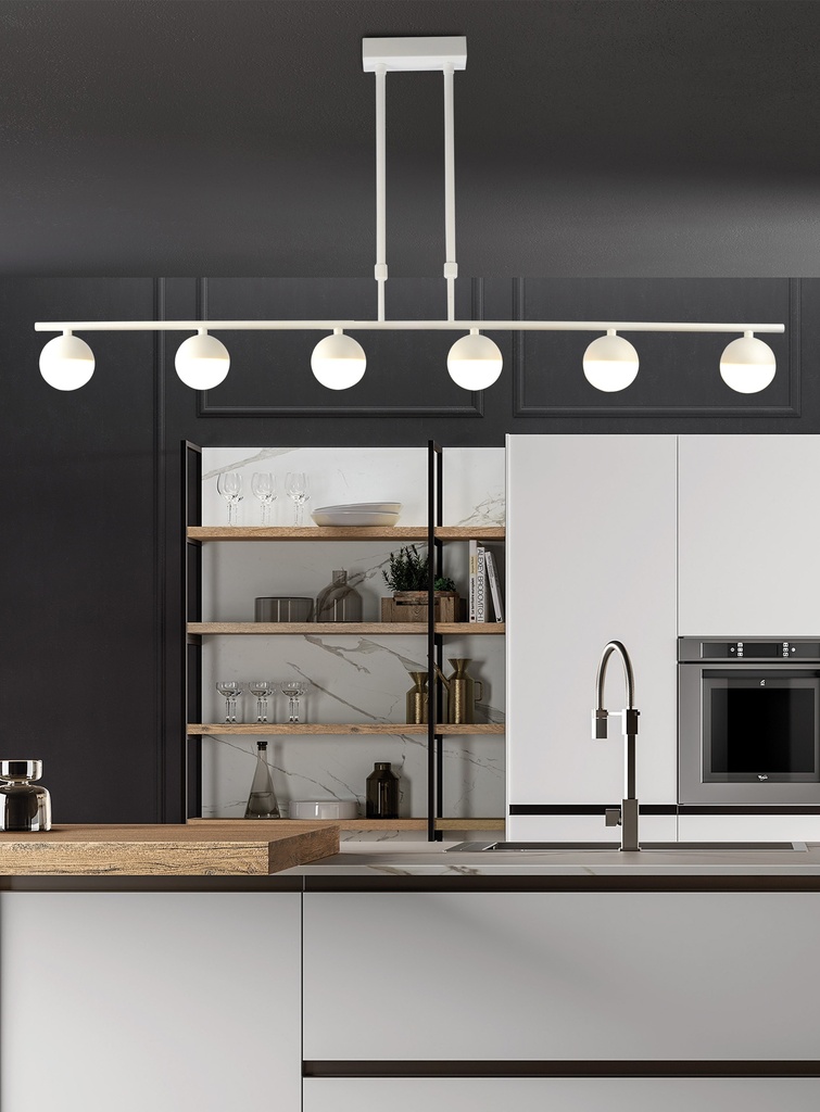LAMPARA DE TECHO DECORATIVA  110cms.,  EXTENSIBLE MAX. 1000 mms CON 6 LED DE  5W, ALUMINIO COLOR BLANCO Y ACRILICO CON TEMPERATURA DE LUZ DIMMABLE