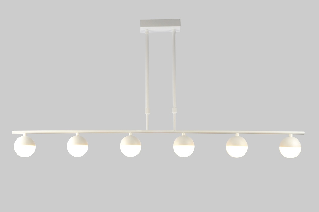 LAMPARA DE TECHO DECORATIVA  110cms.,  EXTENSIBLE MAX. 1000 mms CON 6 LED DE  5W, ALUMINIO COLOR BLANCO Y ACRILICO CON TEMPERATURA DE LUZ DIMMABLE