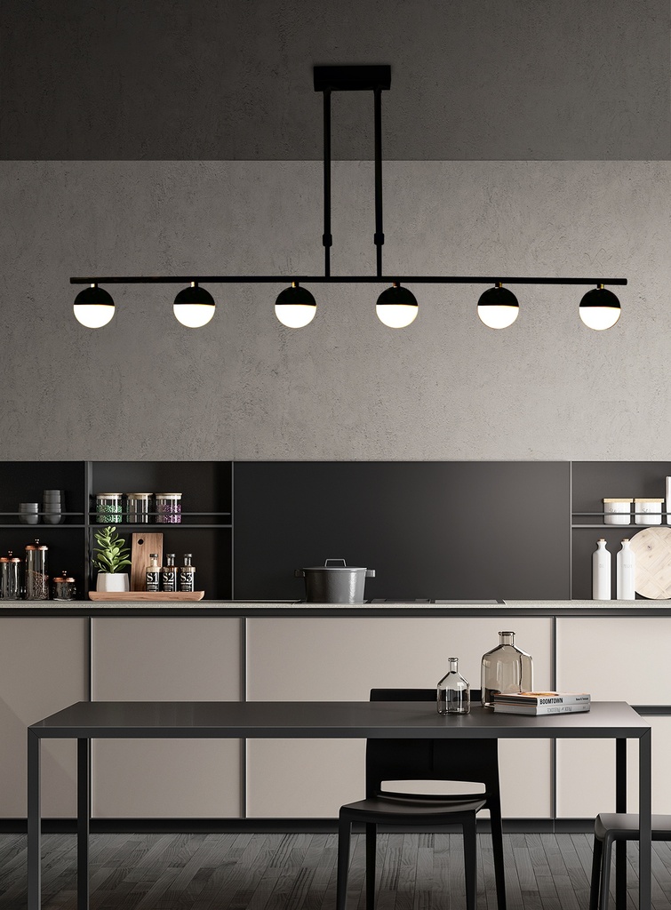 LAMPARA DE TECHO DECORATIVA  110cms.,  EXTENSIBLE MAX. 1000 mms CON 6 LED DE  5W, ALUMINIO COLOR NEGRO Y ACRILICO CON TEMPERATURA DE LUZ DIMMABLE
