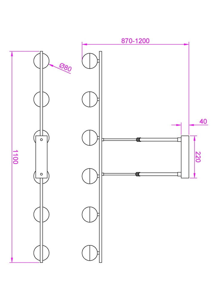 LAMPARA DE TECHO DECORATIVA  110cms.,  EXTENSIBLE MAX. 1000 mms CON 6 LED DE  5W, ALUMINIO COLOR NEGRO Y ACRILICO CON TEMPERATURA DE LUZ DIMMABLE