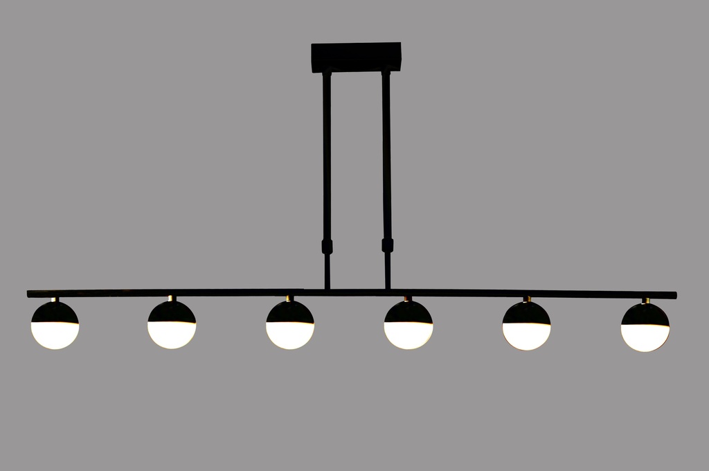 LAMPARA DE TECHO DECORATIVA  110cms.,  EXTENSIBLE MAX. 1000 mms CON 6 LED DE  5W, ALUMINIO COLOR NEGRO Y ACRILICO CON TEMPERATURA DE LUZ DIMMABLE