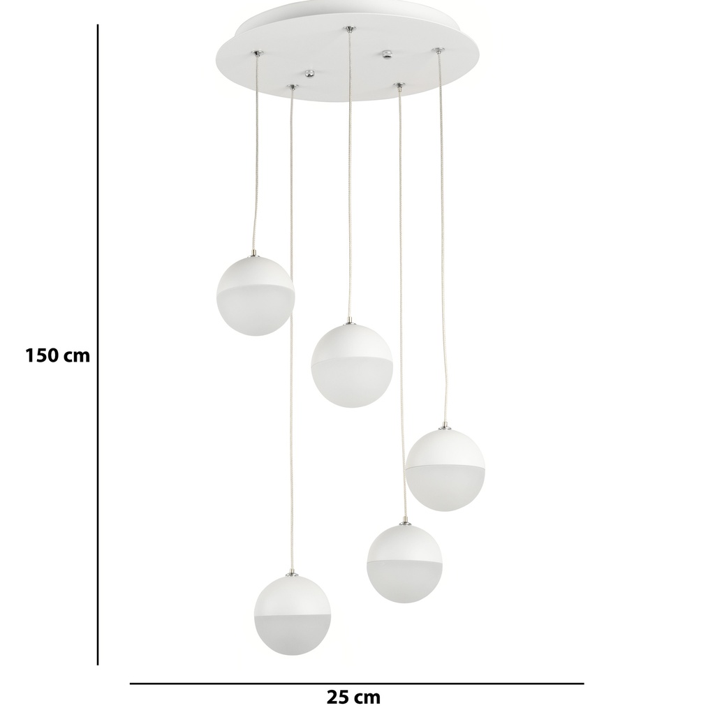 LAMPARA DE TECHO DECORATIVA 25 cms., CABLE EXTENSIBLE MAX. 1500 mms CON 5 LED DE  5W, ALUMINIO COLOR BLANCO Y ACRILICO CON TEMPERATURA DE LUZ DIMMABLE