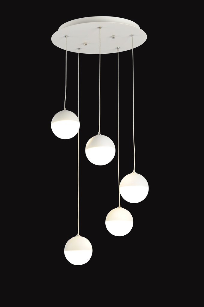 LAMPARA DE TECHO DECORATIVA 25 cms., CABLE EXTENSIBLE MAX. 1500 mms CON 5 LED DE  5W, ALUMINIO COLOR BLANCO Y ACRILICO CON TEMPERATURA DE LUZ DIMMABLE