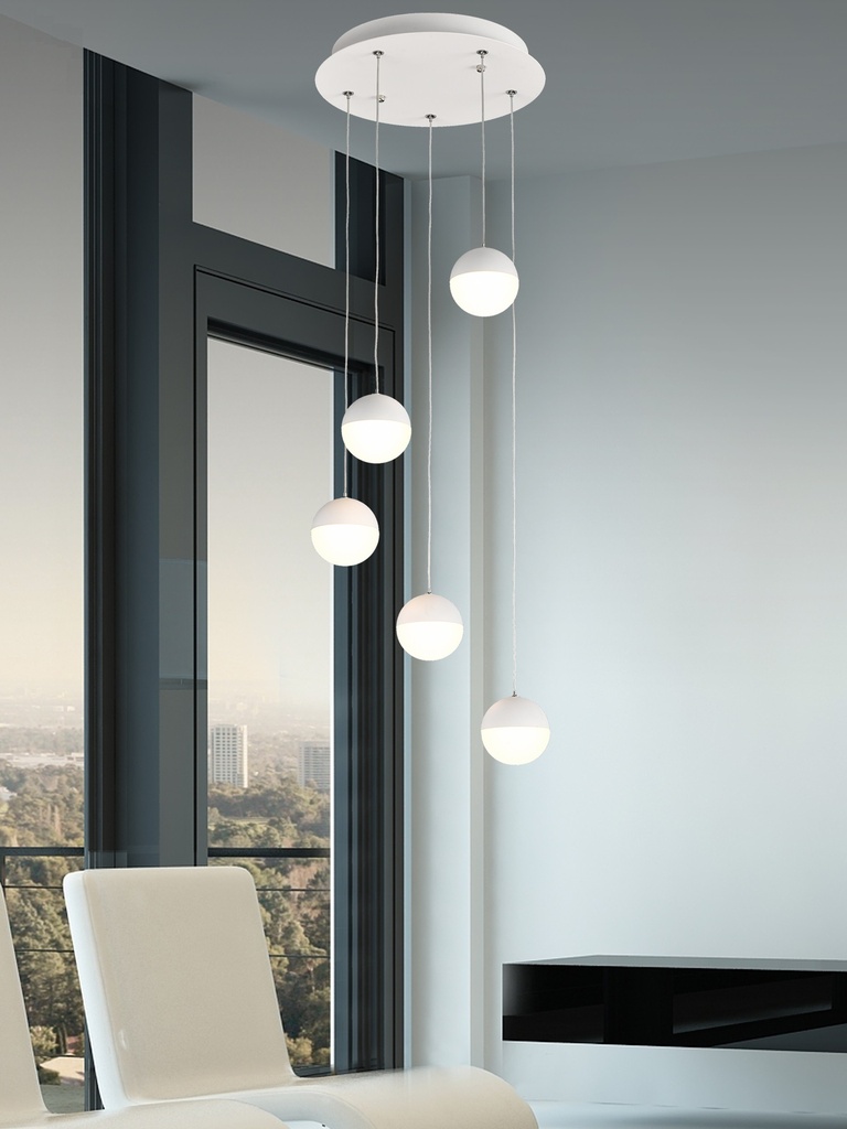 LAMPARA DE TECHO DECORATIVA 25 cms., CABLE EXTENSIBLE MAX. 1500 mms CON 5 LED DE  5W, ALUMINIO COLOR BLANCO Y ACRILICO CON TEMPERATURA DE LUZ DIMMABLE