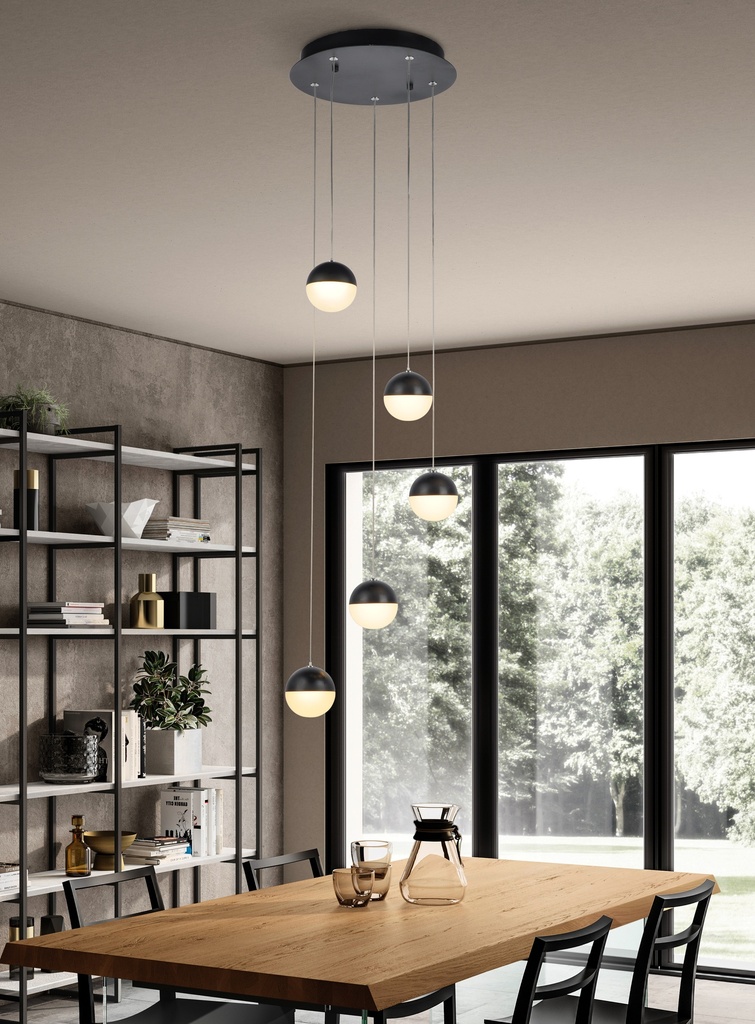 LAMPARA DE TECHO DECORATIVA 25 cms., CABLE EXTENSIBLE MAX. 1500 mms CON 5 LED DE  5W, ALUMINIO COLOR NEGRO Y ACRILICO CON TEMPERATURA DE LUZ DIMMABLE