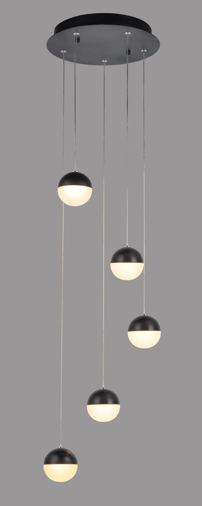 LAMPARA DE TECHO DECORATIVA 25 cms., CABLE EXTENSIBLE MAX. 1500 mms CON 5 LED DE  5W, ALUMINIO COLOR NEGRO Y ACRILICO CON TEMPERATURA DE LUZ DIMMABLE