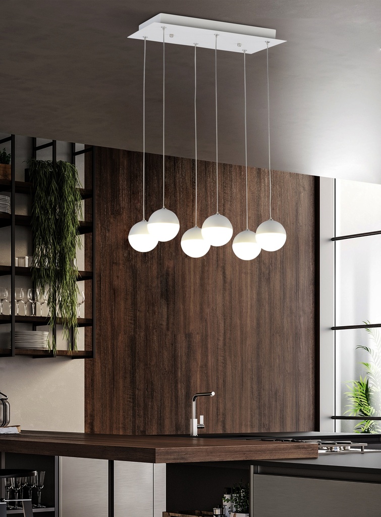 LAMPARA DE TECHO DECORATIVA 40 cms., CABLE EXTENSIBLE MAX. 1500 mms. CON 6 LED DE  5W, ALUMINIO COLOR BLANCO Y ACRILICO CON TEMPERATURA DE LUZ DIMMABLE