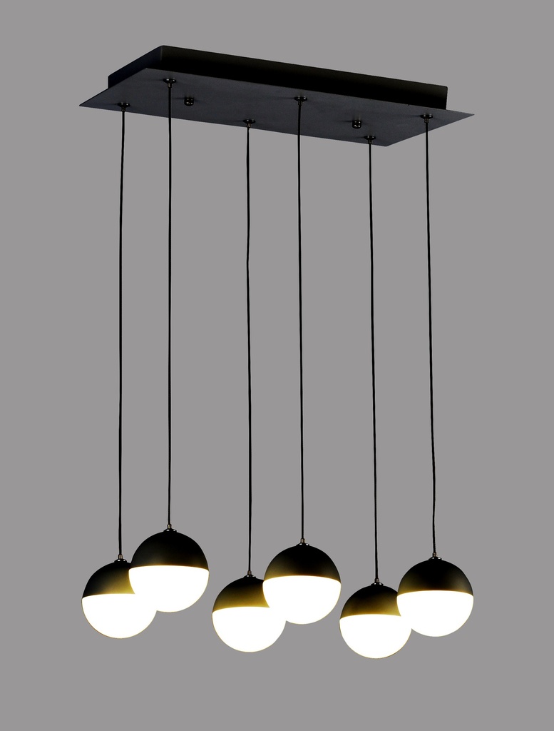 LAMPARA DE TECHO DECORATIVA 40 cms., CABLE EXTENSIBLE MAX. 1500 mms. CON 6 LED DE  5W, ALUMINIO COLOR NEGRO Y ACRILICO CON TEMPERATURA DE LUZ DIMMABLE