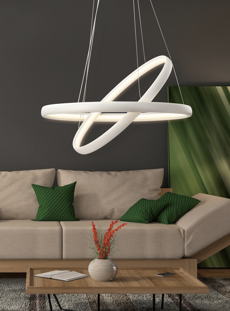LAMPARA DE TECHO DECORATIVA LED 57 W, CON DOBLE ARO DE ALUMINIO COLOR BLANCO CON TEMPERATURA DE LUZ INTERMEDIA 4000K, ALTURA MAXIMA REGULABLE 130CM, DIAMETRO 60CM