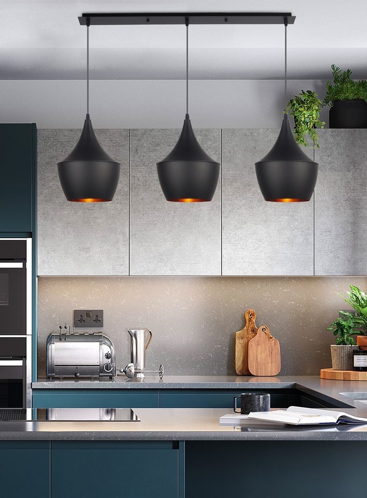 LAMPARA COLGANTE NEGRA INTERIOR DORADO ALTURA TOTAL 130CM DE 3 LUCES COMPATIBLES CON CUALQUIER BOMBILLA LED DE BASE E27