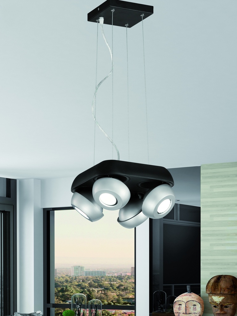 LAMPARA COLGANTE NEGRO Y PLATA DE 4 LUCES ORIENTABLES BOMBILLA LED DE BASE GU10, ALTURA 120CM